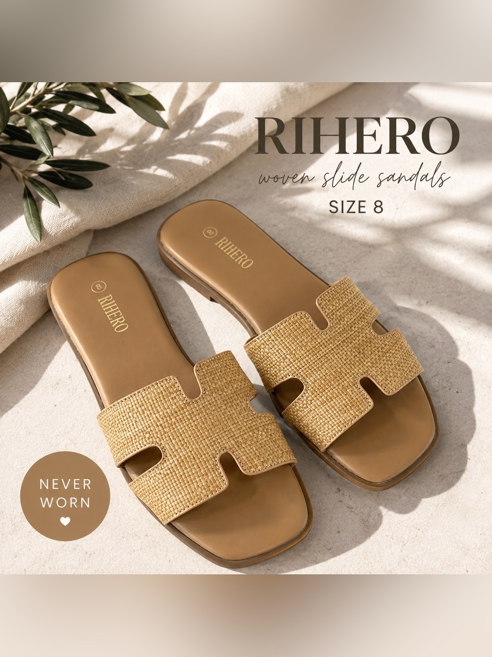 RIHERO Woven Raffia H Slide Sandals Tan Size 8